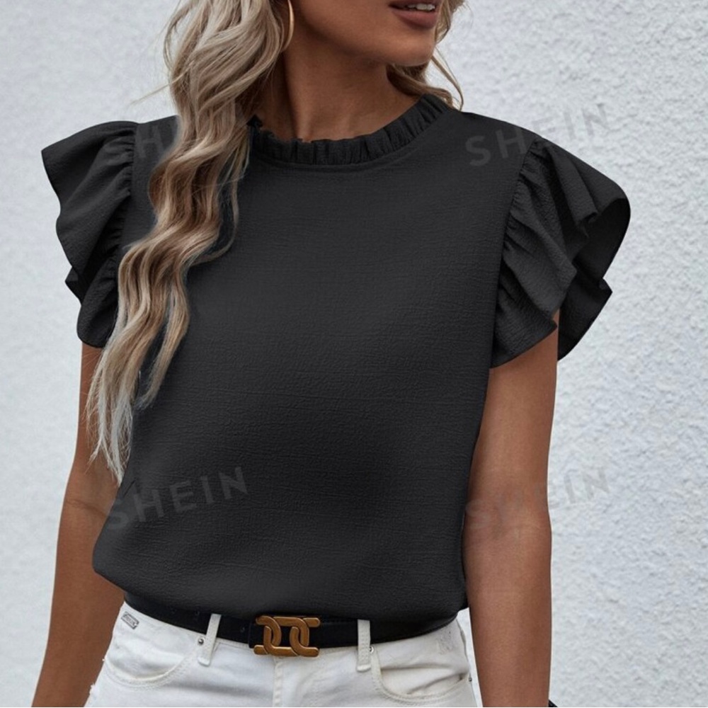Black mock neck lettuce trim ruffle blouse size S